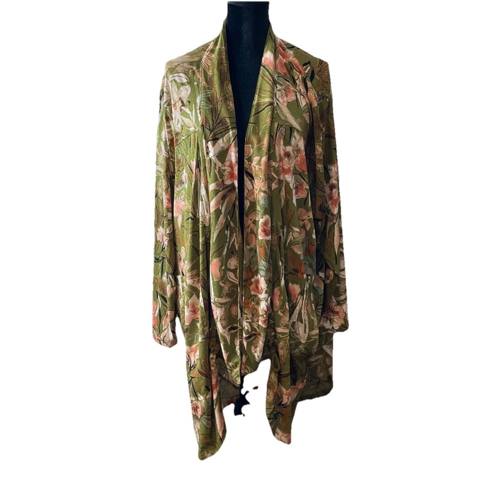 Attitudes‎ by Renee Womens 3X Cardigan Green Floral Cocoon Slub Knit Open Front